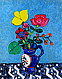 アイズピリ　青い背景の赤いバラと黄のチューリップ